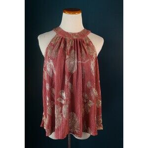 Anthropologie Feather Bone Rose Metallic Gold Floral Halter Tank Top Preppy Boho